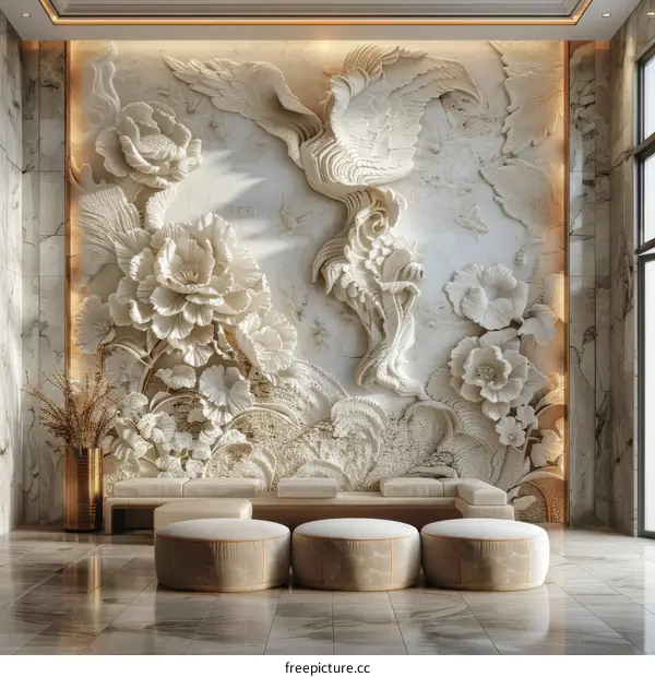 3D Wall Relief Art of Majestic Phoenix and Flowers