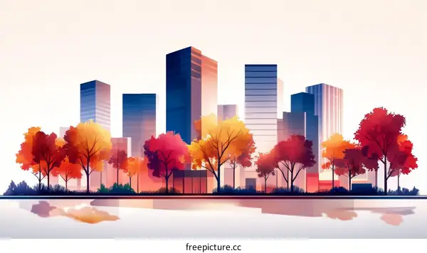 Autumn Cityscape Illustration with Buildings and Trees
