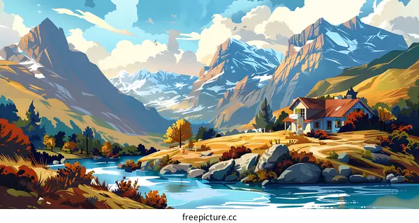 Mountain Landscape With River And House