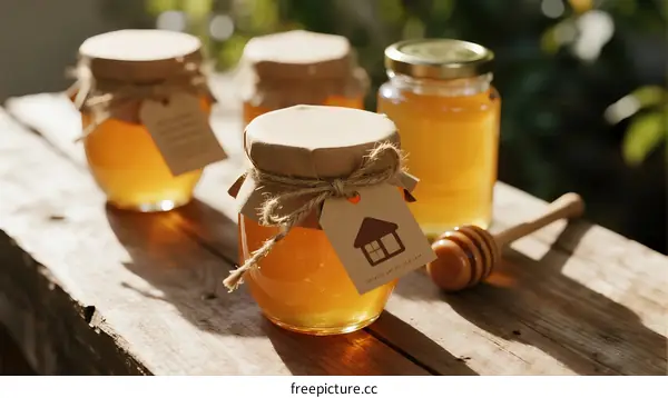Fresh Organic Honey Jars with Wooden Dipper on Rustic Wood Table