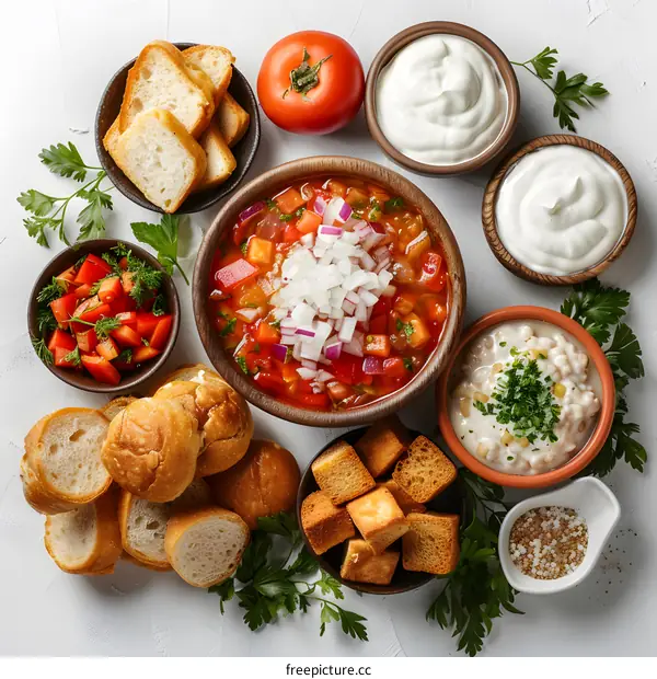 Hearty tomato soup with croutons and fresh vegetables
