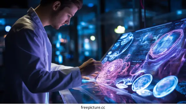 Scientist analyzing data on futuristic interface