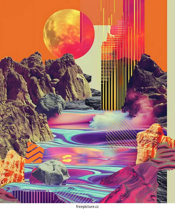 Abstract Collage Art with Mountain and Sun