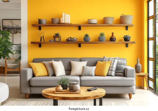 Modern Living Room with Yellow Walls and Wooden Shelves