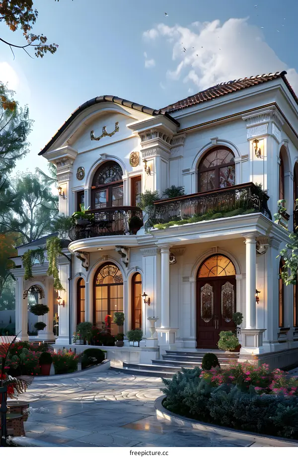 A magnificent three-story luxury villa with a beautiful yard
