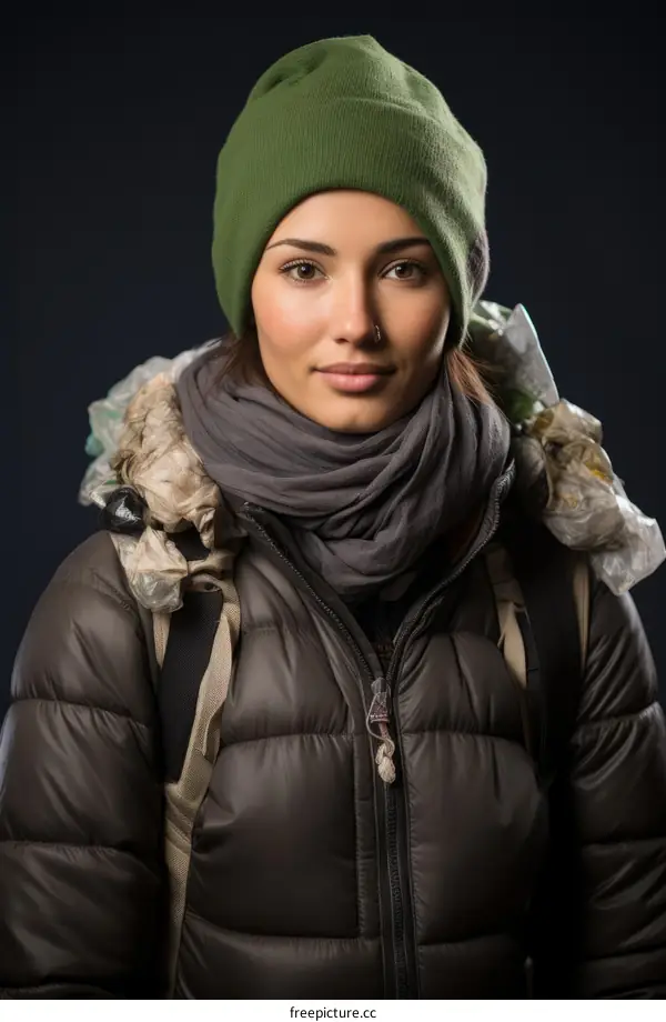 Portrait of a young woman wearing a green beanie and a gray scarf