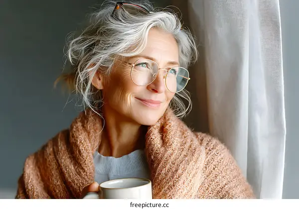 Thoughtful Senior Woman Enjoying a Warm Beverage by the Window