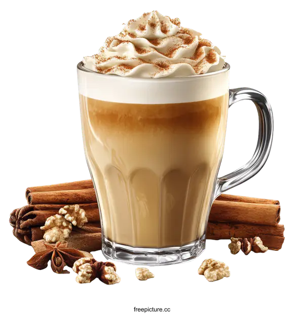 [Transparent Background PNG]Delicious Autumn Cinnamon Coffee Latte in Glass Mug