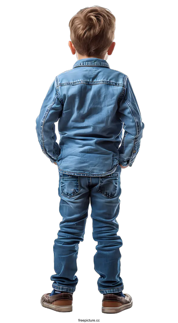 [Transparent Background PNG]Young Boy in Denim Standing with Back to Camera