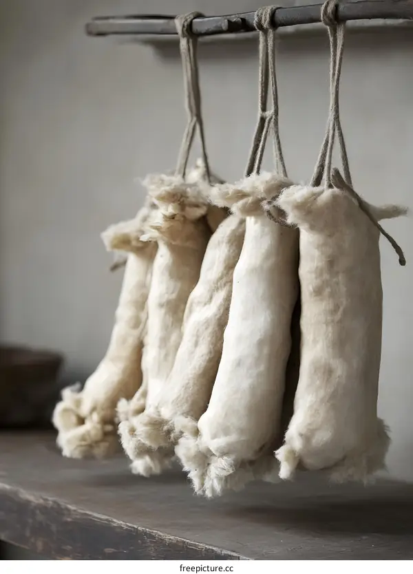 Close Up of a Row of White Fur Wrapped Objects Hanging From a Wooden Rail