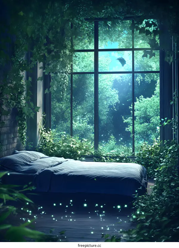 Bed by the Window with Forest View