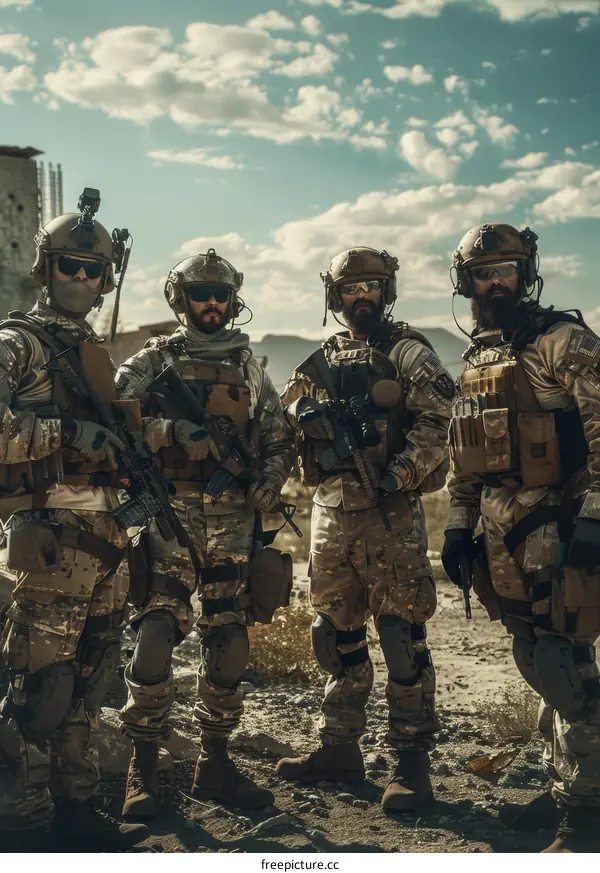 Four soldiers in military uniform with weapons posing in the desert