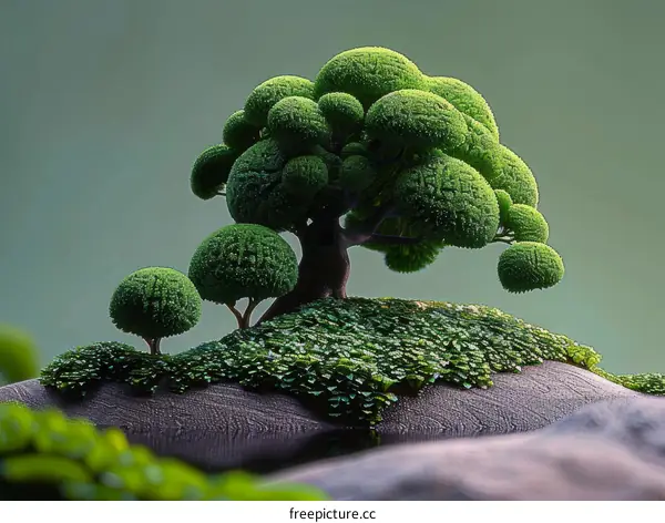 Green and round trees on a rock