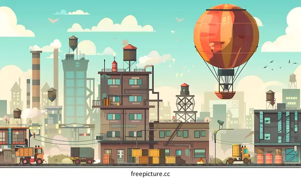 Hot Air Balloon Flying Over Cityscape