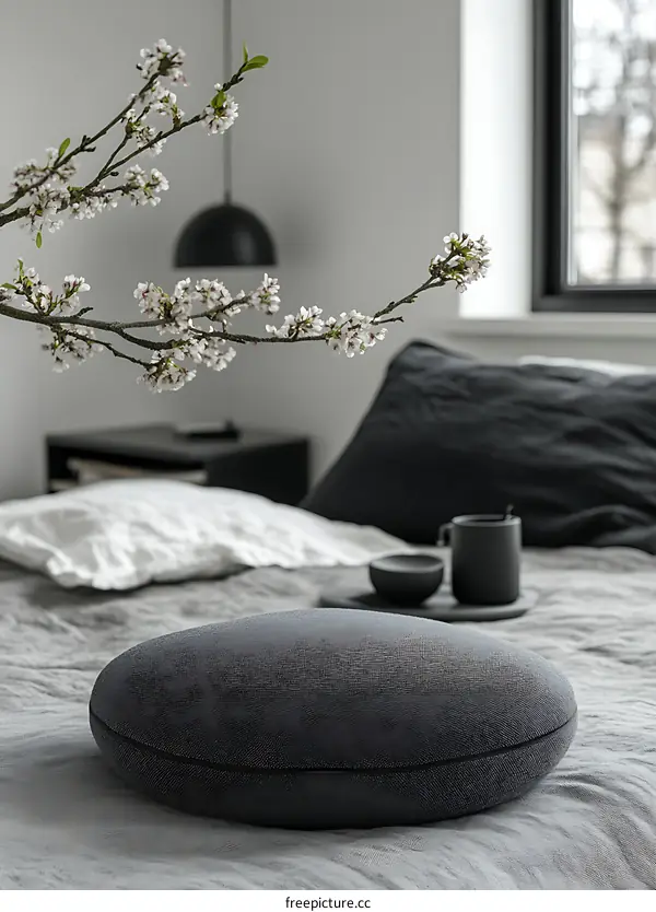 Round Speaker on Bed with White Flowers and a Window View