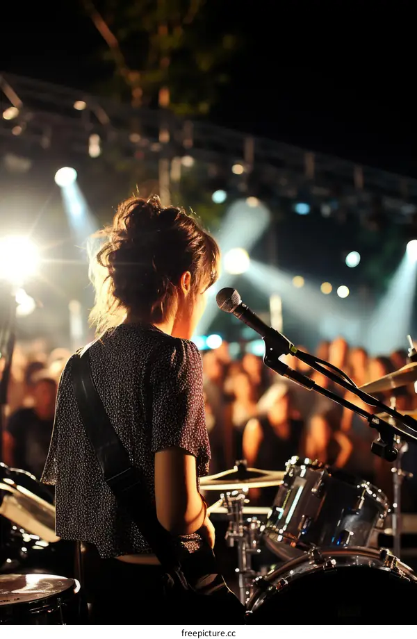 Female drummer performing on stage during a live concert with spotlights in the background