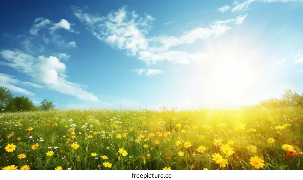 Field of yellow and white flowers under blue sky with white clouds and bright sun