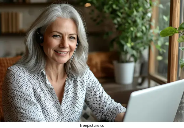 Smiling Woman Working on Laptop in Cafe
