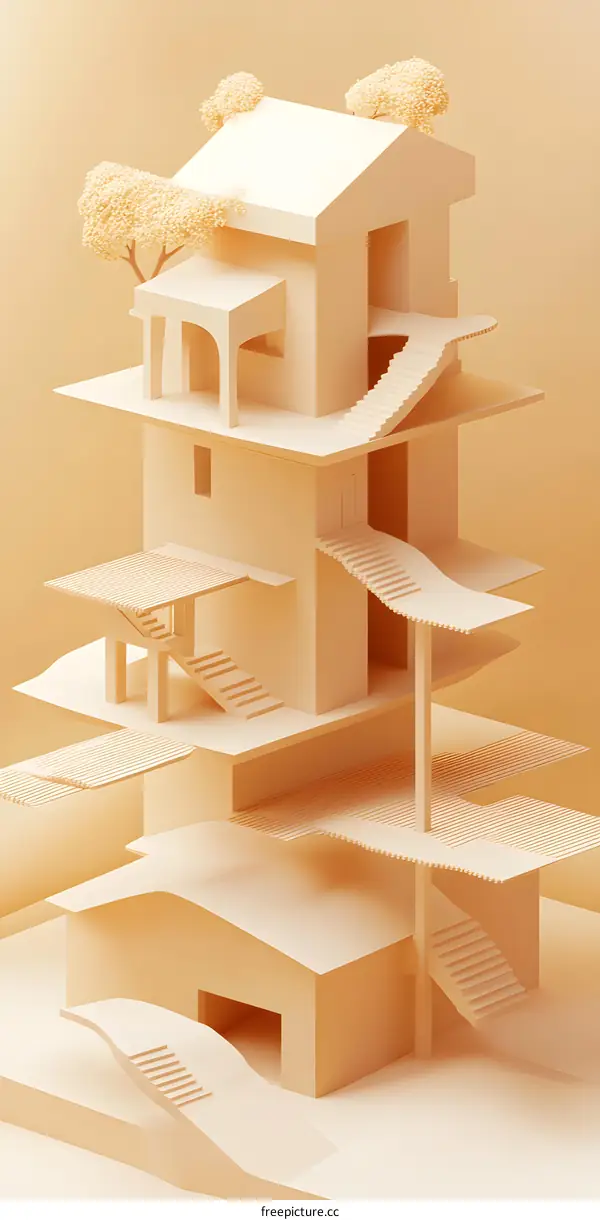 Minimalist 3D Illustration of a House with Stairs and Trees
