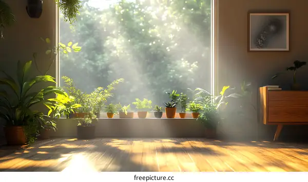 Sunlit Room with Lush Plants and a Large Window