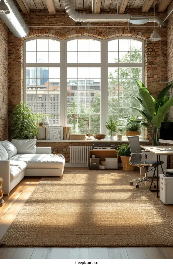 home office with large windows and lots of plants
