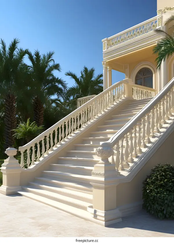 White Marble Staircase with Balustrade and Palm Trees