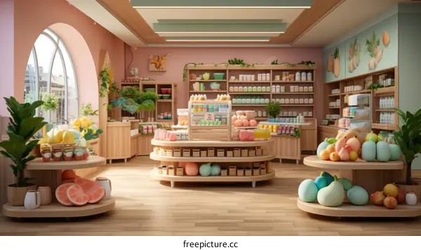 Small Grocery Store Interior with Pink Walls and Wooden Shelves