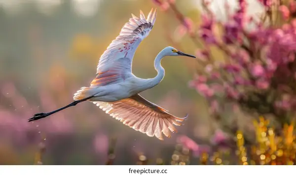 A Great Egret Flies Over a Sea of Pink Flowers