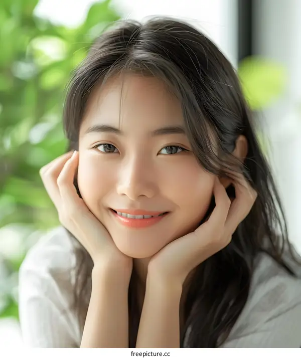 Portrait of a Smiling Young Asian Woman with Long Black Hair