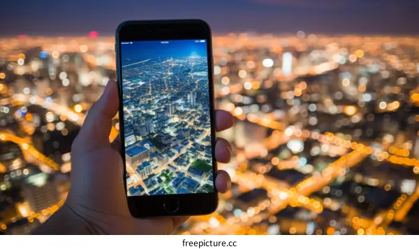 Hand holding a smartphone with a cityscape in the background