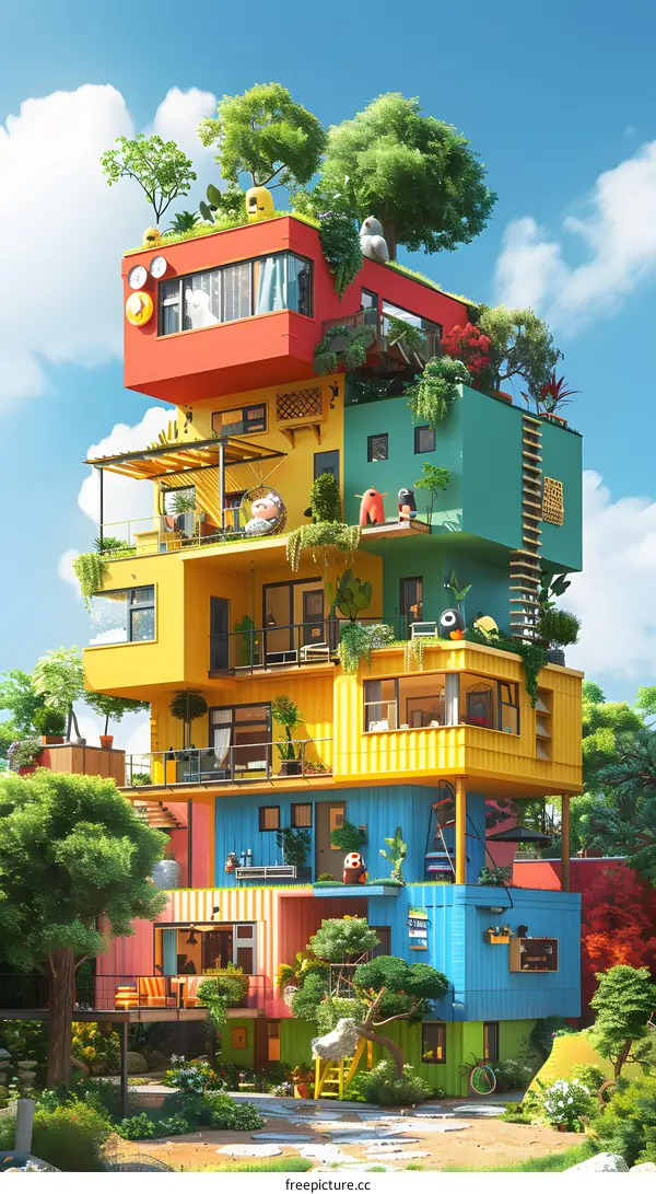 Colorful Container House Surrounded by Lush Greenery