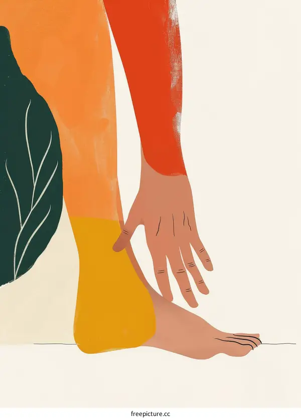 A person with colorful legs and arms is touching their foot.