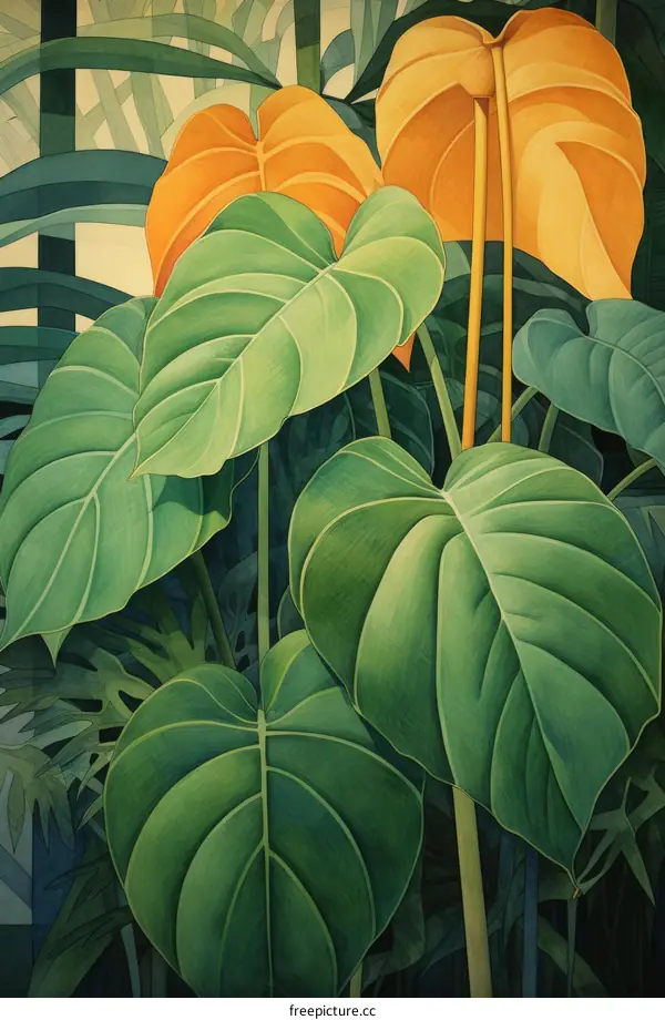 A painting of giant green and yellow leaves