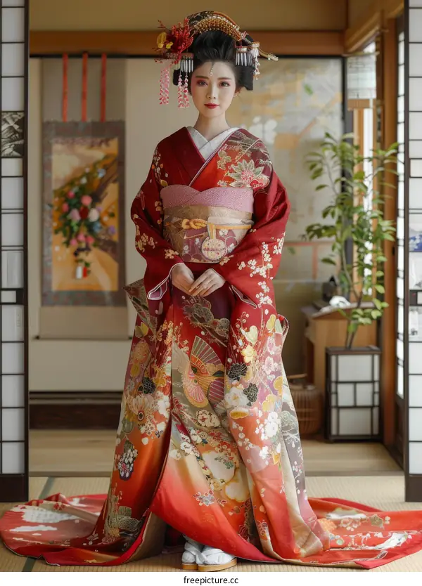 A Japanese bride wearing a traditional red kimono with floral patterns