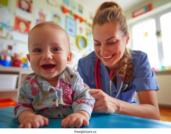 Pediatrician examining a smiling baby
