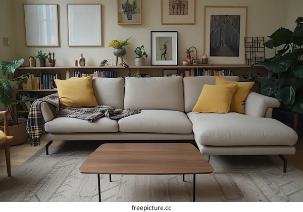 A cozy living room with a large sectional sofa, coffee table, rug, and lots of plants