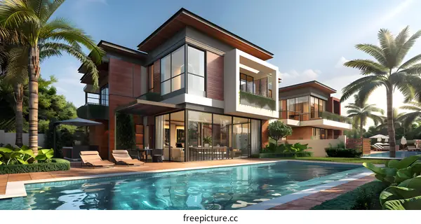 Modern Villa With Swimming Pool And Palm Trees