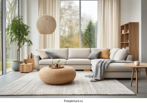 Bright living room with large windows and a comfortable sofa