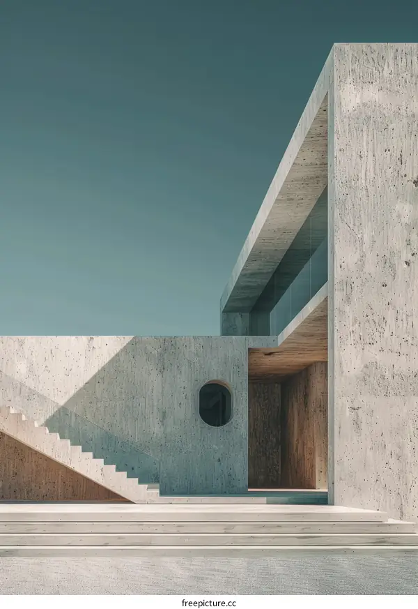 Modern Minimalist Concrete Building with Staircase and Large Glass Windows