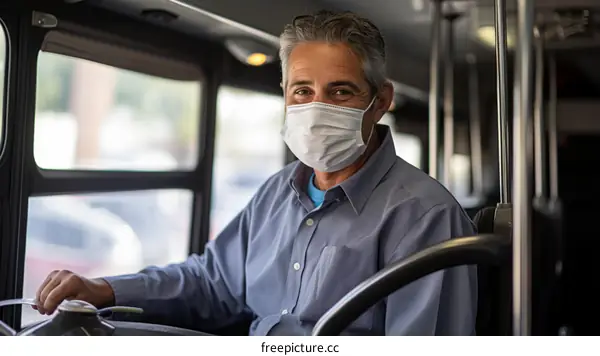Portrait of a Bus Driver Wearing a Mask