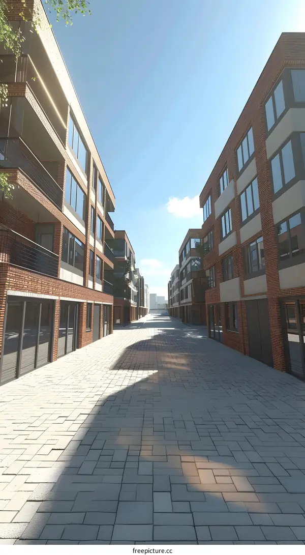 perspective modern city street with brick buildings