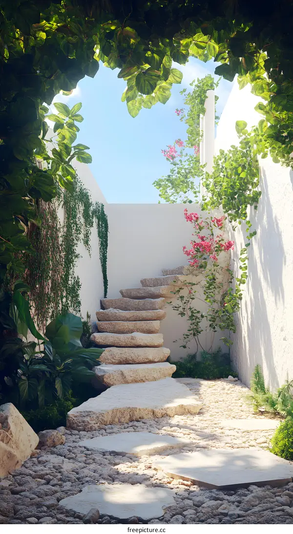 Stone Steps Leading to a Garden Patio with Lush Greenery