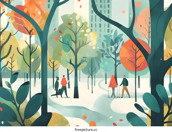 Winter City Park Illustration with People Walking