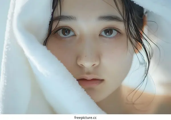 Close Up Portrait of a Woman with Towel Wrapped Around Her Head