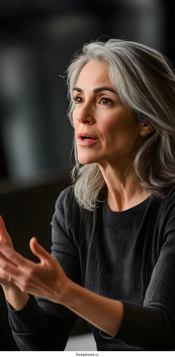 Closeup Portrait of a Mature Woman with Grey Hair and Black Shirt Talking