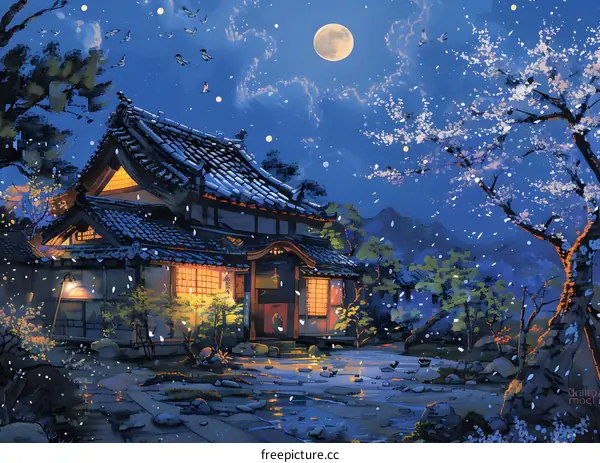 Japanese Style House with Cherry Blossoms and Full Moon