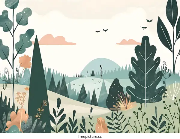 Forest Landscape Illustration with Green Trees and Birds