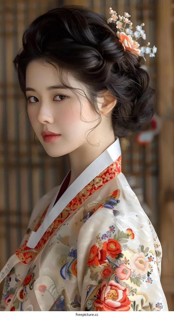 Portrait of a beautiful young woman in traditional Korean dress, or Hanbok