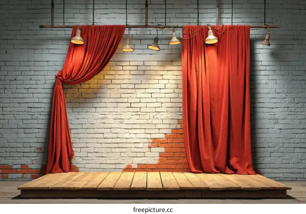 Rustic Stage with Red Curtains