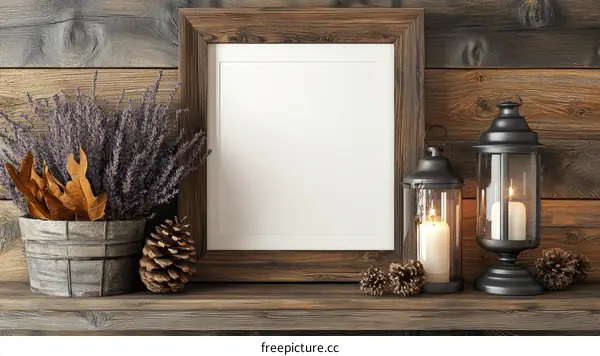 Rustic Wooden Shelf Decor with Blank Frame